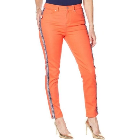 NWT DG2 DIANE GILMAN STRETCH Bouclé STRIPE SKINNY ANKLE JEANS STRAWBERRY - Picture 1 of 5